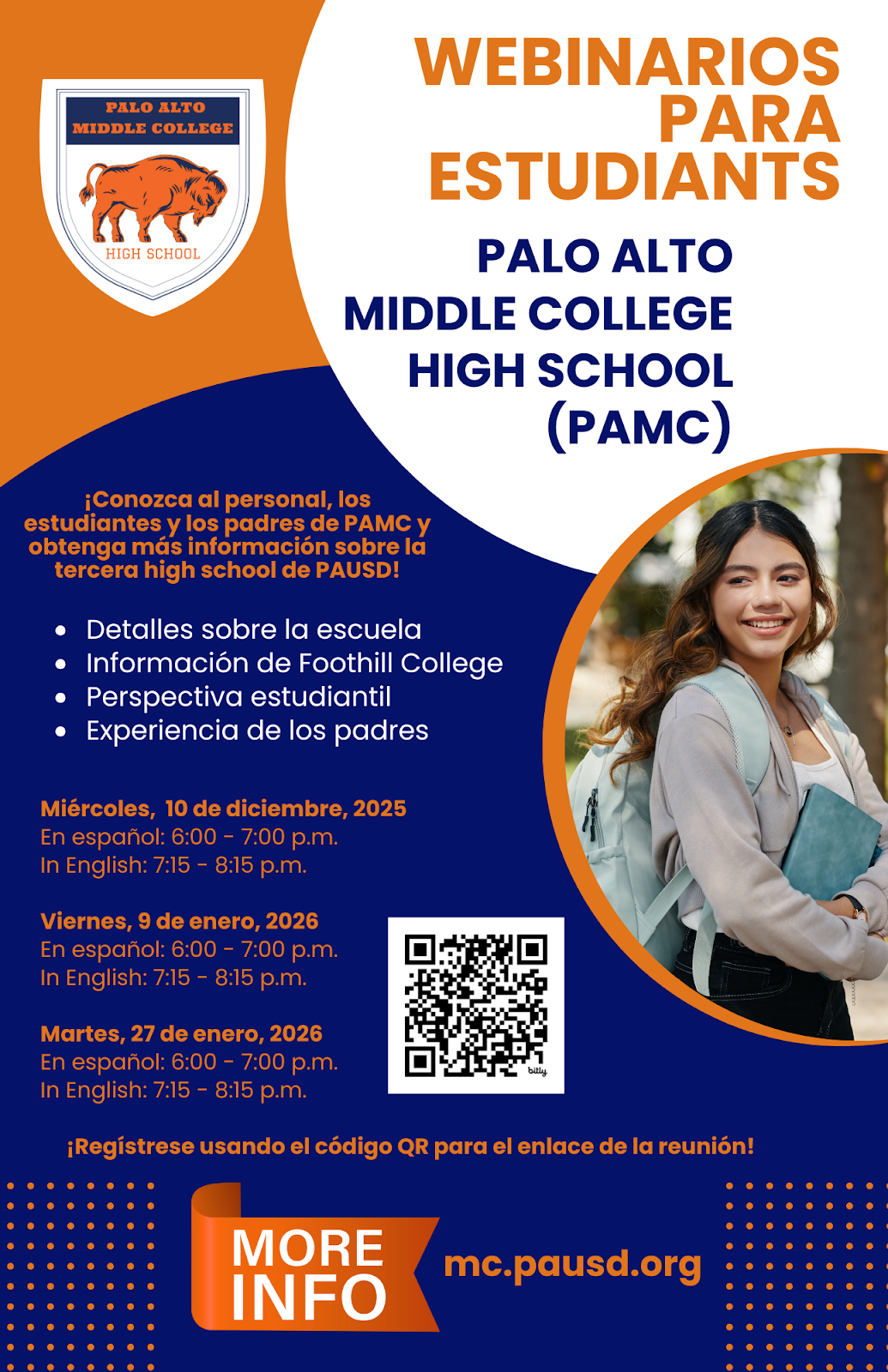 Promotional graphic for Palo Alto Middle College High School webinars for students, featuring a student and event details.