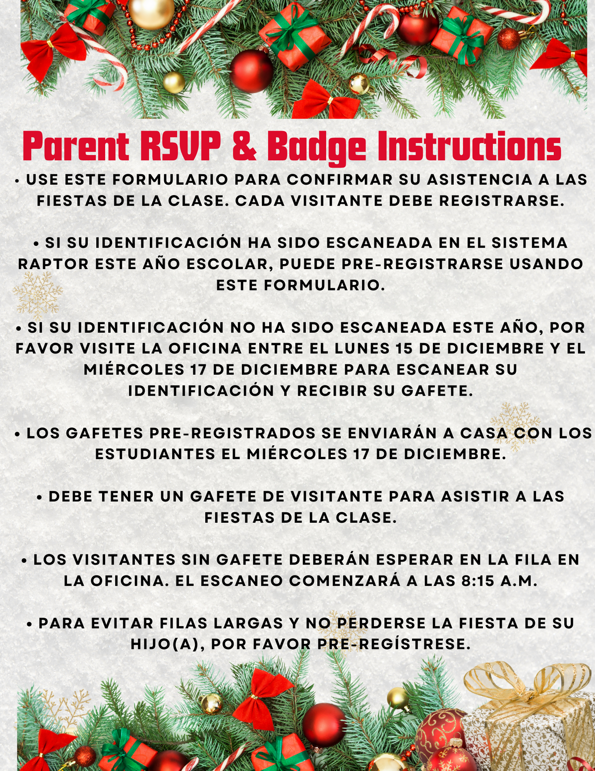 A festive flyer with holiday decorations announces parent RSVP and badge instructions.