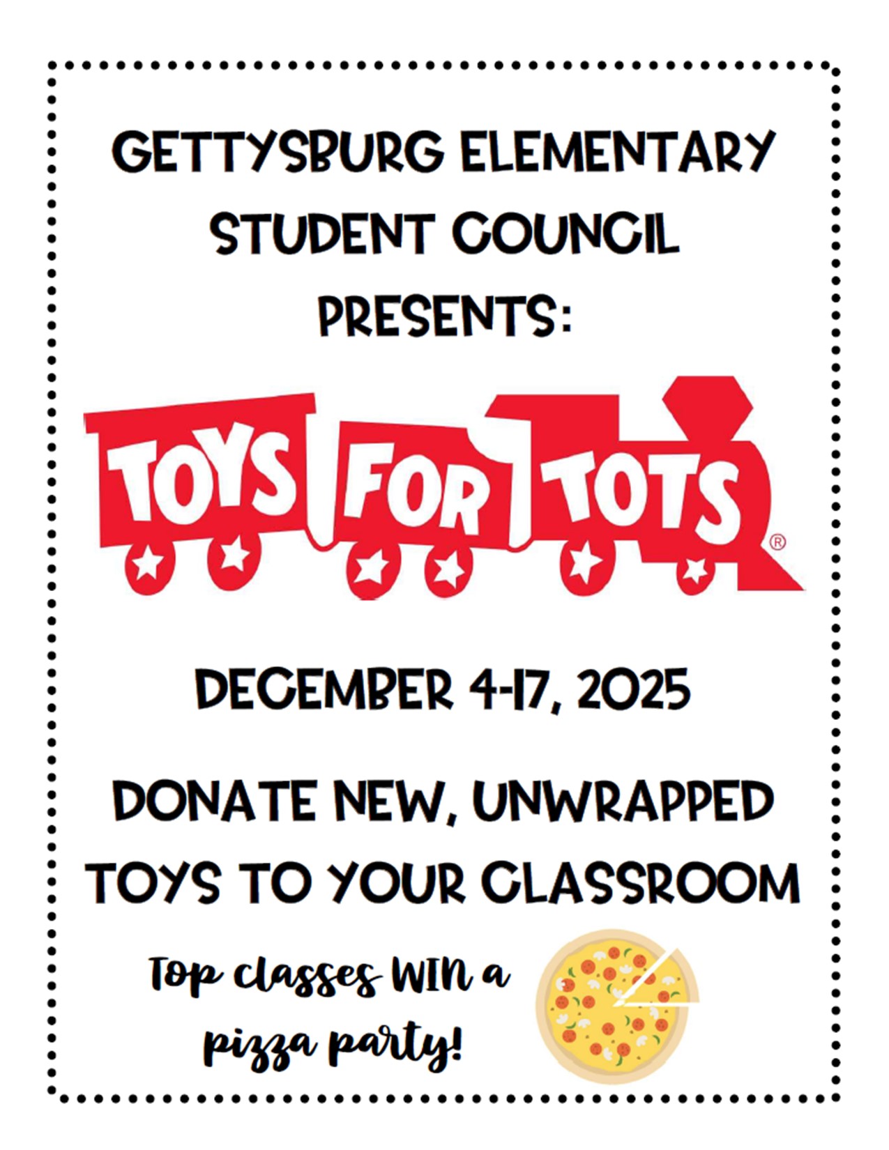 A poster for a Toys for Tots drive at Gettysburg Elementary School.