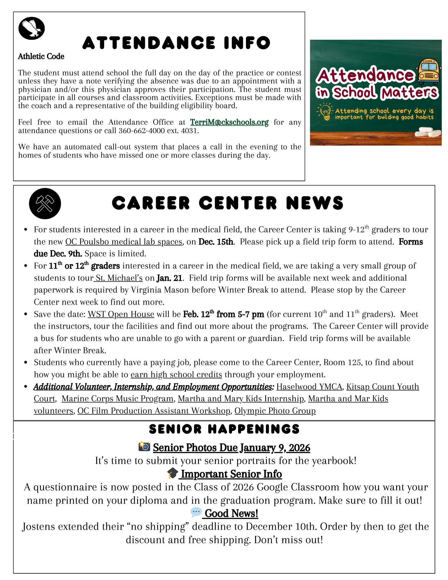 School bulletin board with announcements about attendance, career center, and senior happenings.