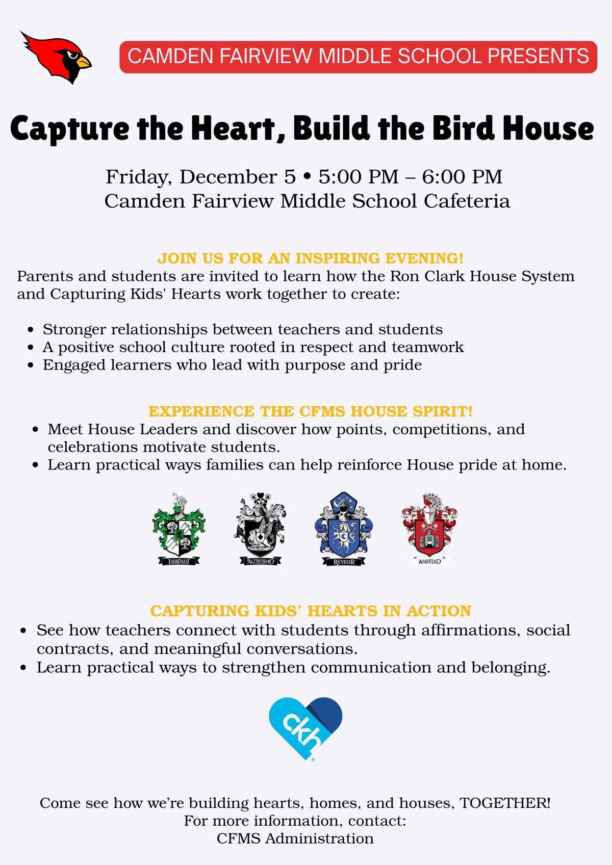 Reminder: CFMS “Capture the Heart, Build the Bird House” Tonight at 5 PM