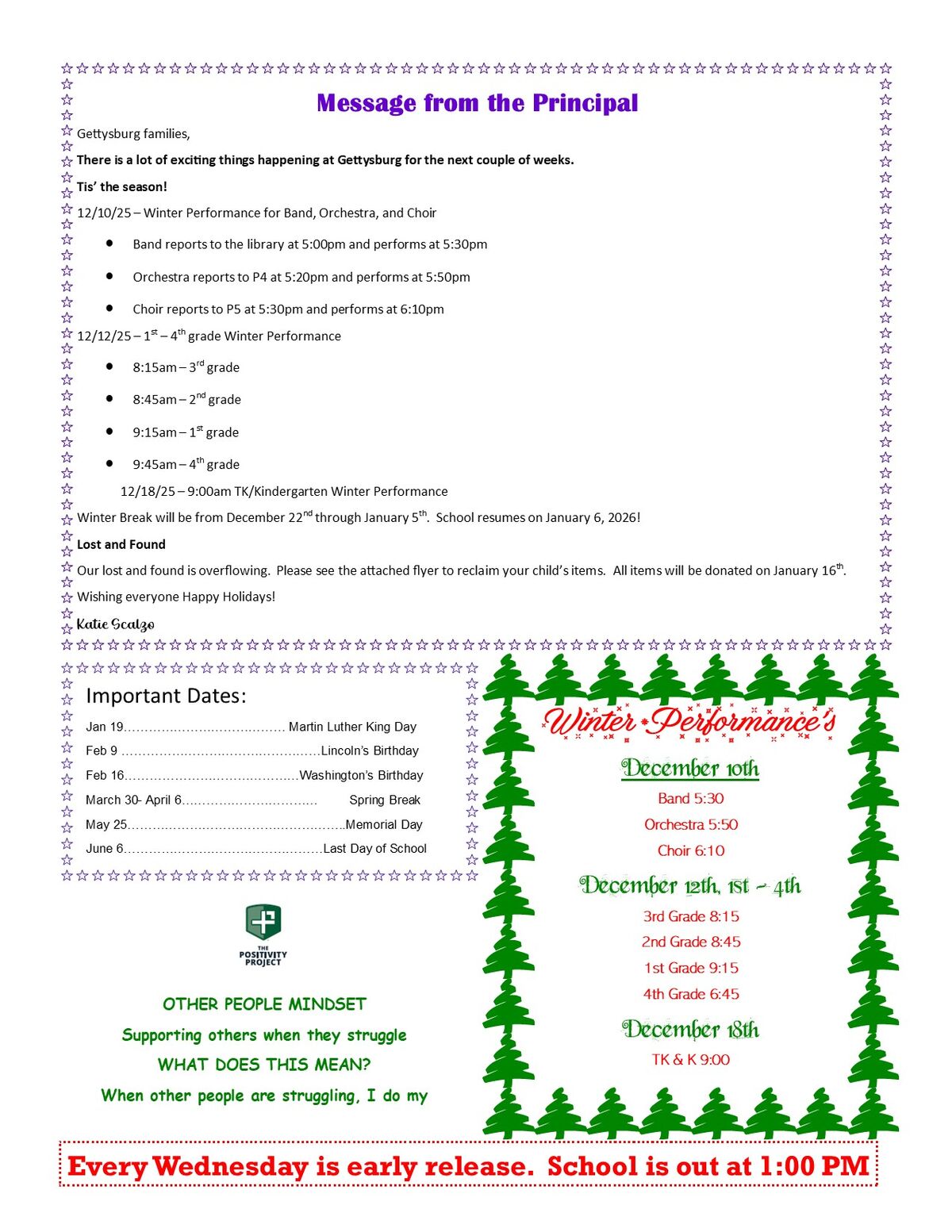 School announcement with winter performance details and important dates.