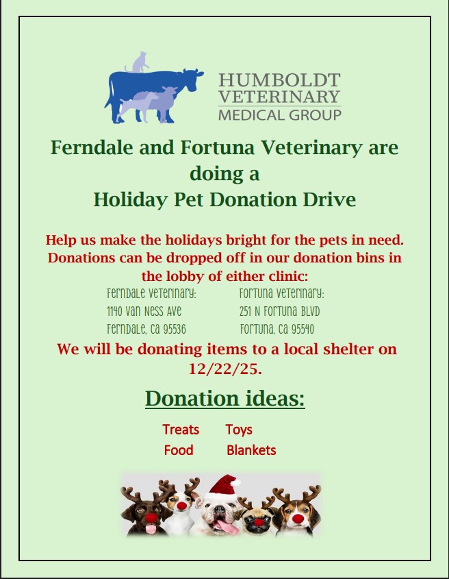 A flyer announces a Holiday Pet Donation Drive by Ferndale and Fortuna Veterinary.