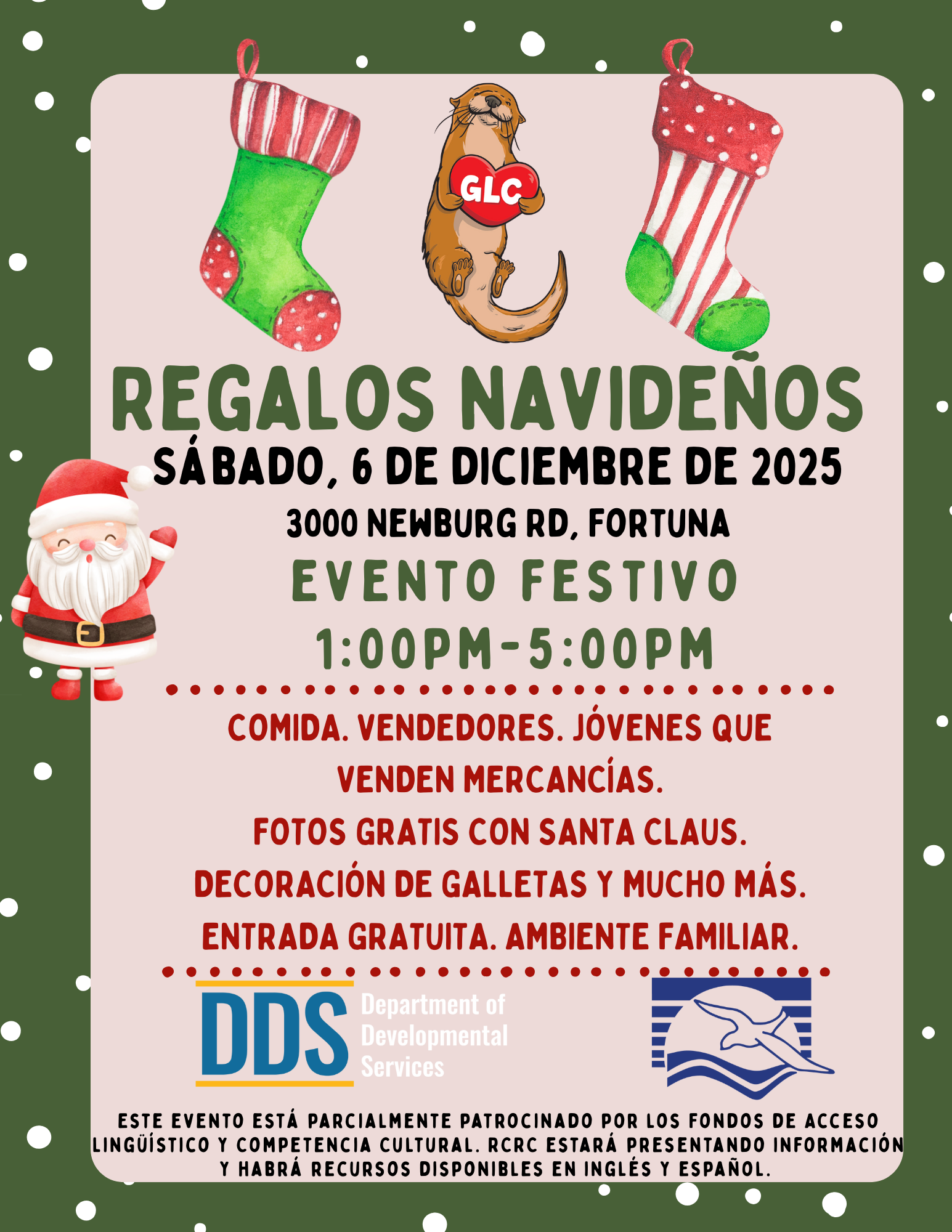 A festive Christmas event flyer with Santa, stockings, and an otter holding a heart.