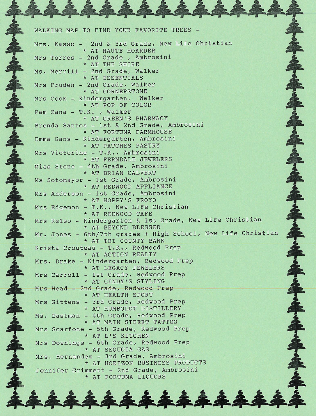 A handwritten walking map lists locations and names, framed by decorative trees.