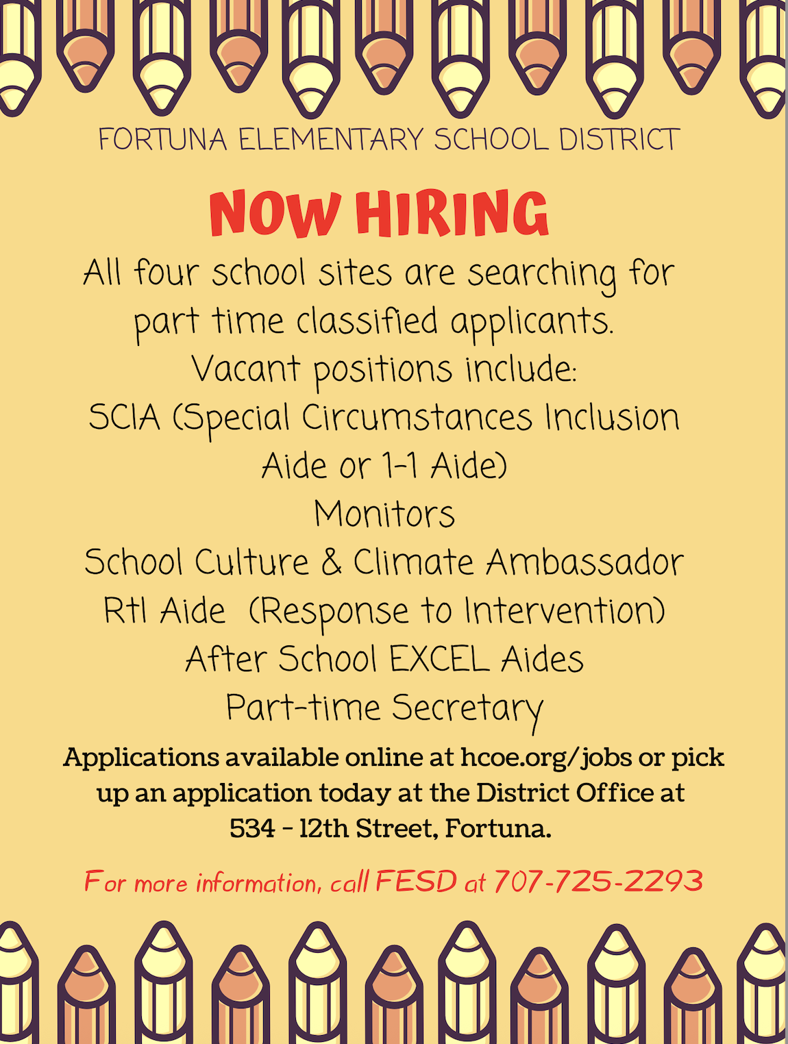A recruitment poster from Fortuna Elementary School District announces part-time job openings.
