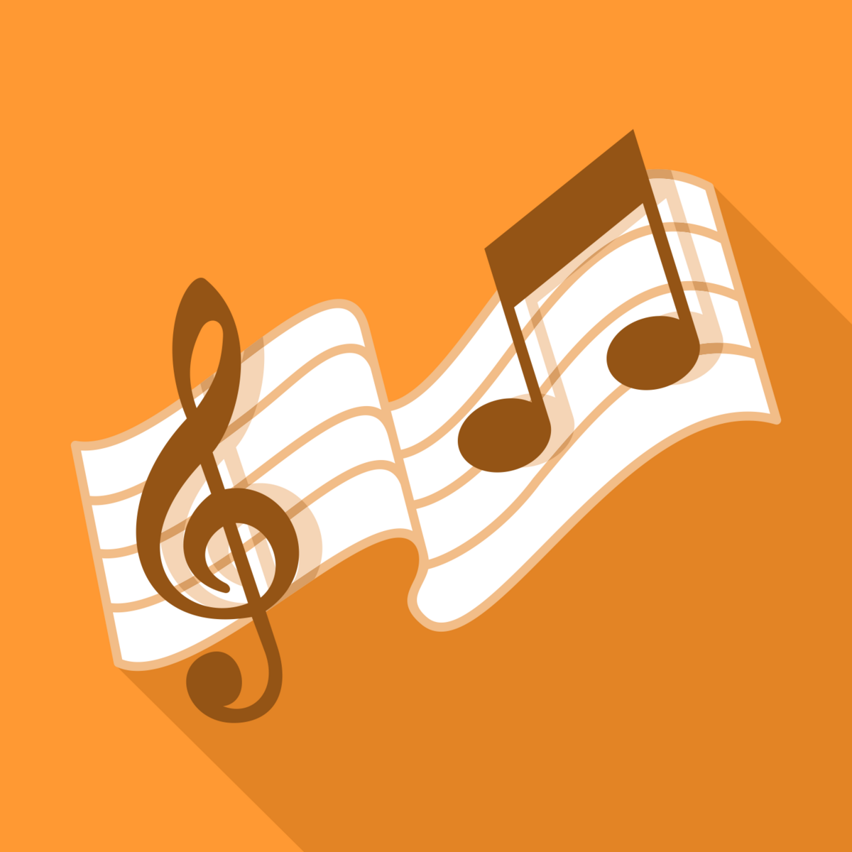 A musical staff with a treble clef and musical notes on an orange background.