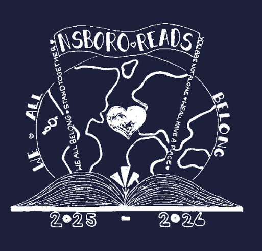 A white drawing on a navy background features a globe, heart, and open book with text.