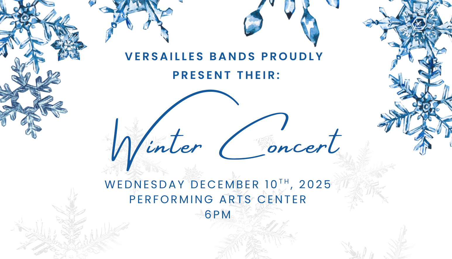A winter concert announcement with snowflake decorations and elegant script.