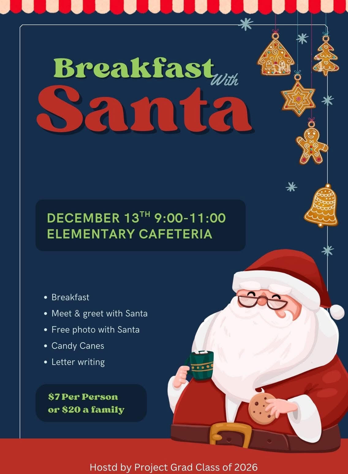 A festive poster announces a 'Breakfast with Santa' event, featuring Santa Claus.
