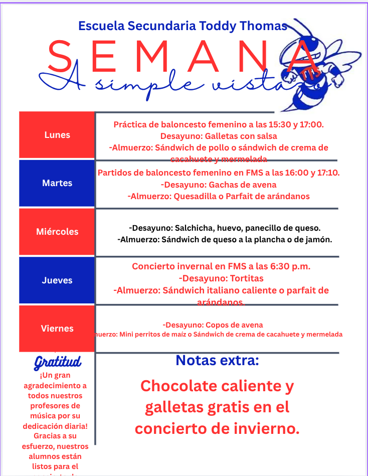 A school weekly schedule with daily activities and meal plans.