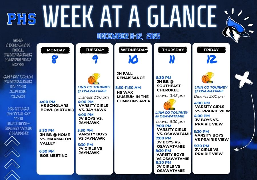 A school calendar titled 'Week at a Glance' lists events for December 8-12, 2025.