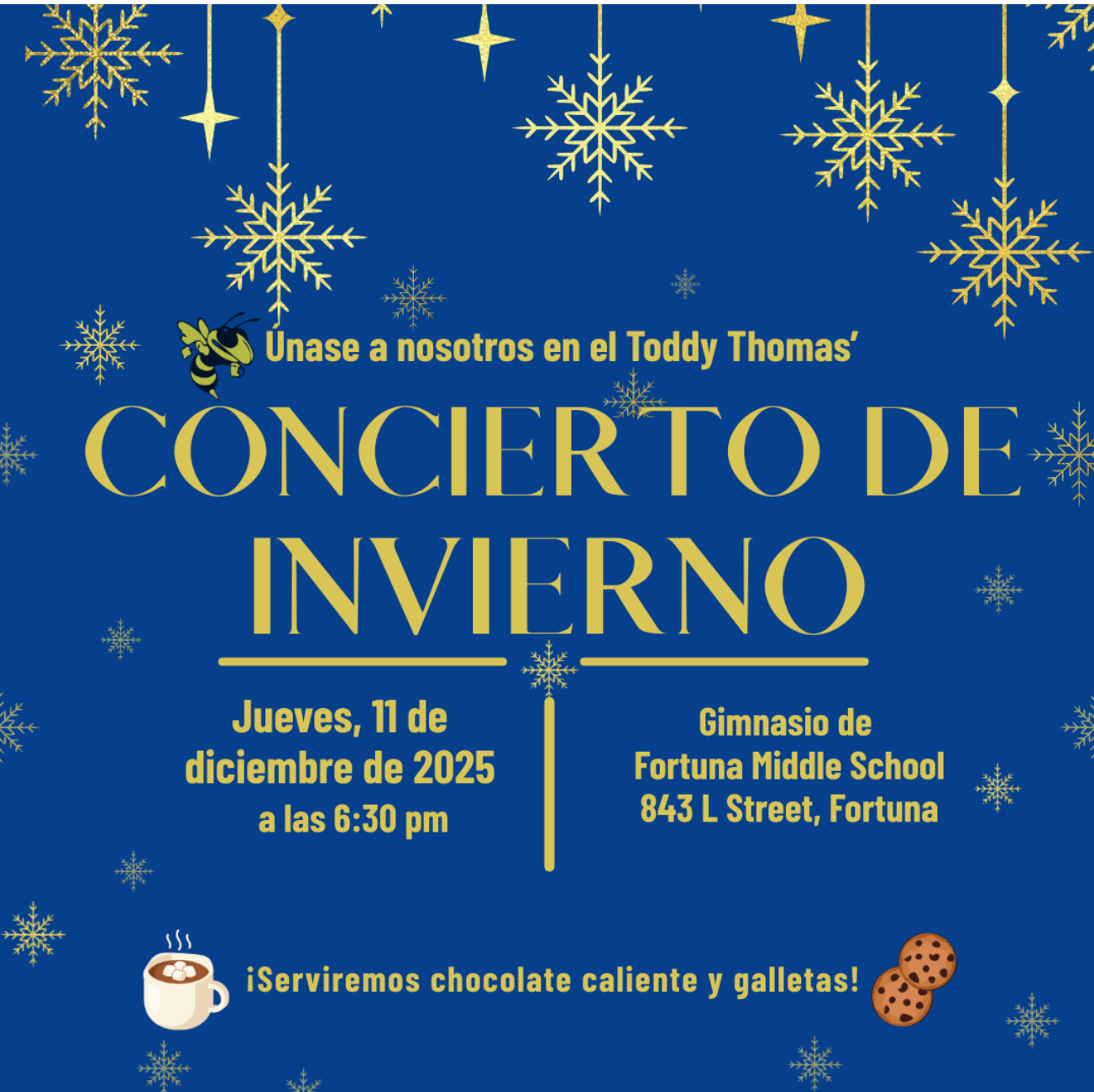 Winter concert announcement with snowflakes and text in Spanish.