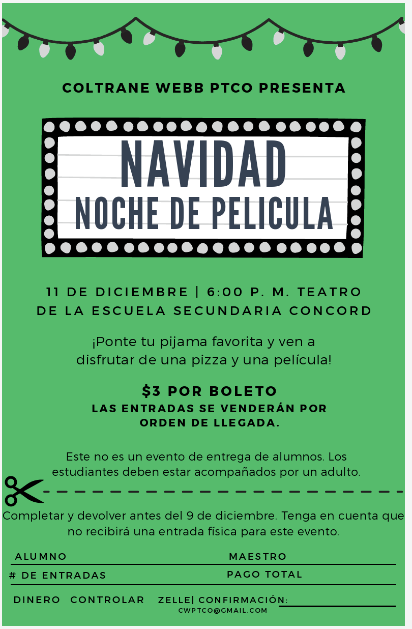 A green poster announces a 'Navidad Noche de Pelicula' event.