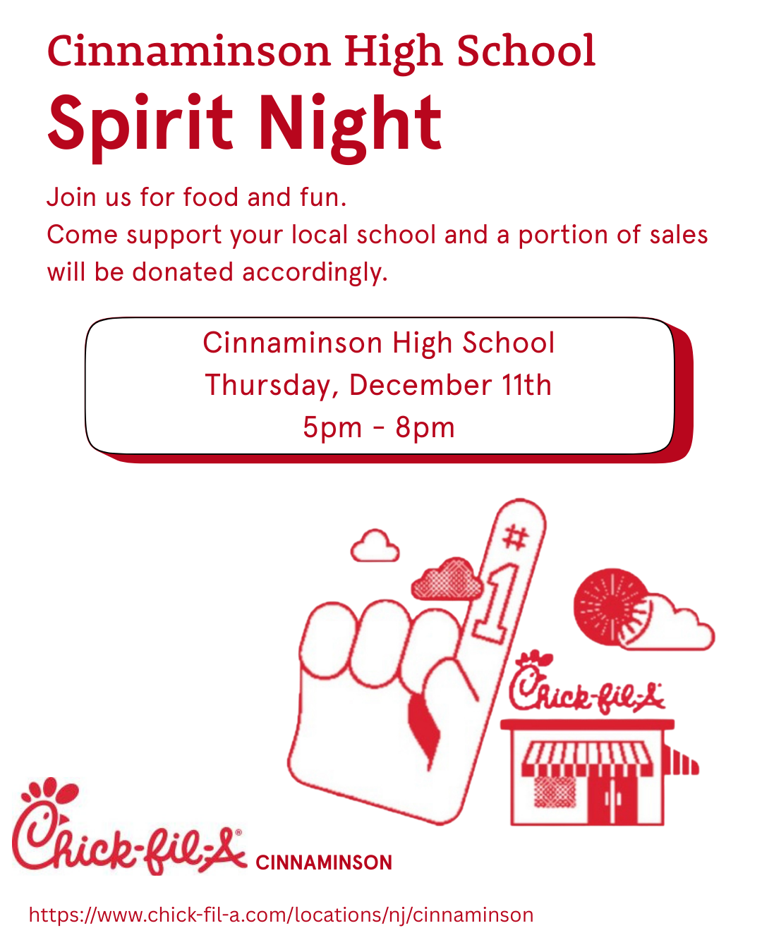 Chick-fil-A Spirit Night at Cinnaminson High School, December 11th, 5-8pm.