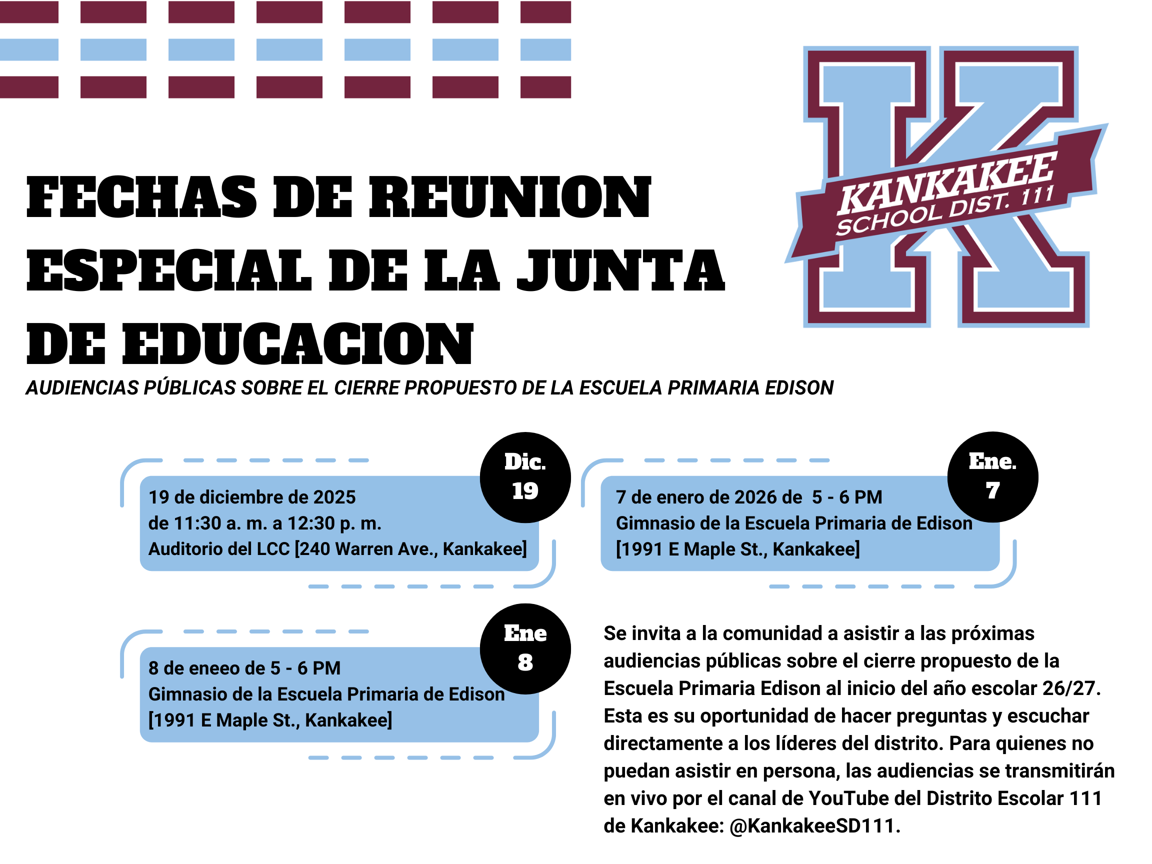 Announcement for public hearings about the proposed closure of Edison Elementary School in Kankakee.