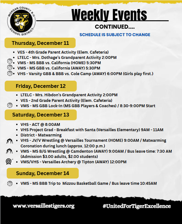 A weekly events schedule for Morgan County R-II School District, including sports and activities.