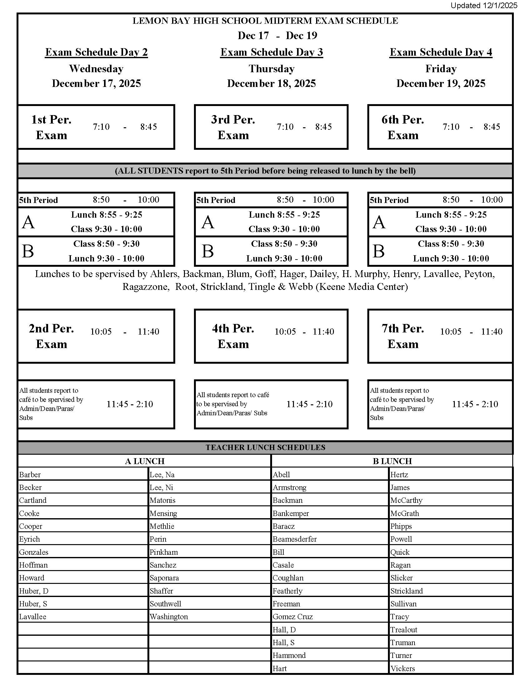 A detailed exam schedule for Lemon Bay High School, December 17-19, 2025.