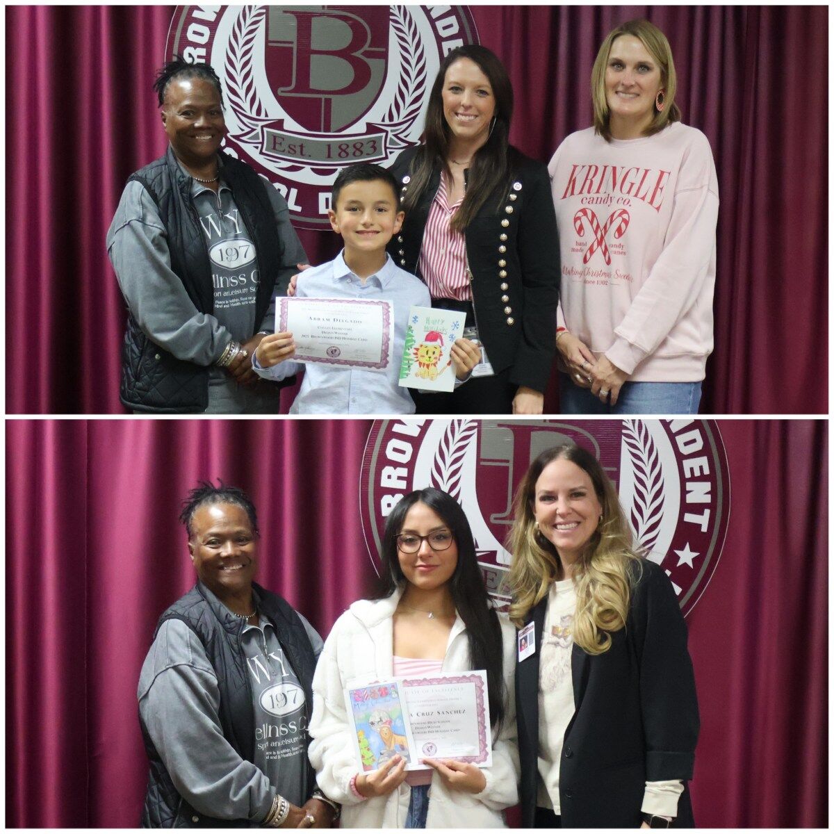 A photo collage of BISD Holiday Card Design Contest winners recognized at BISD Board of Trustees meeting.