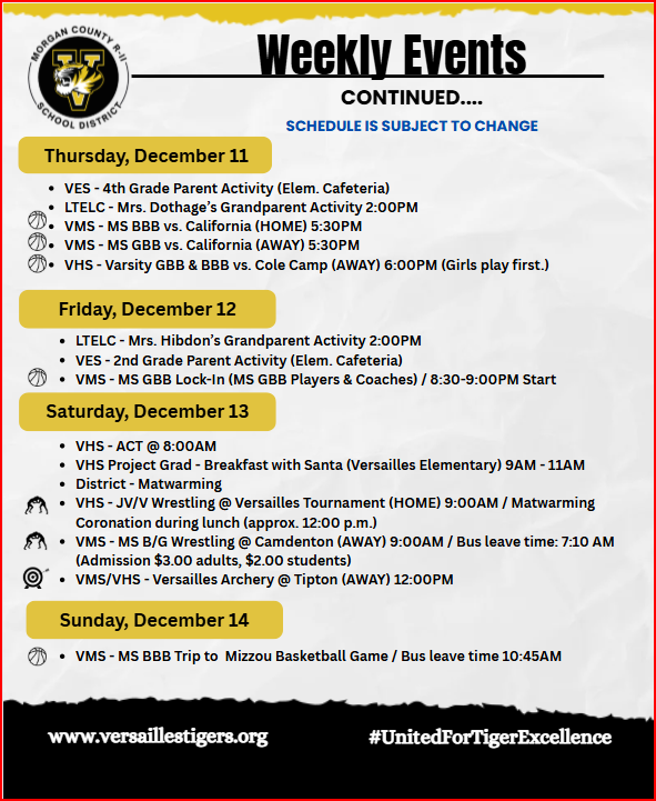 A school district's weekly events schedule is displayed with dates and times.