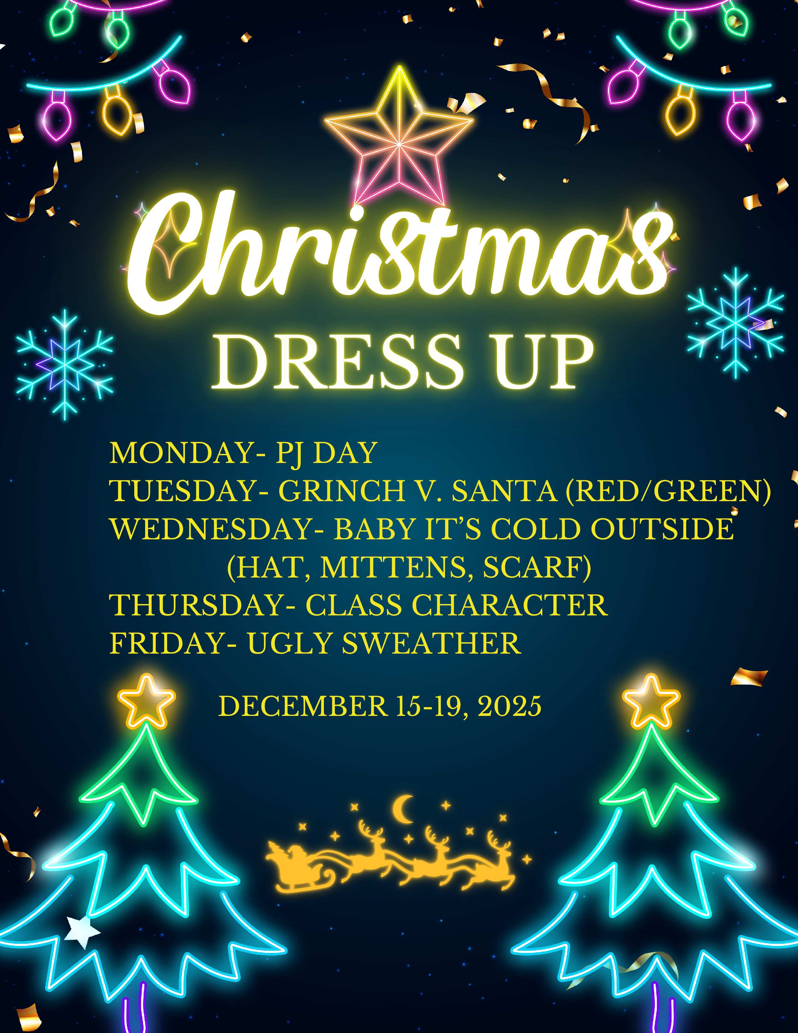 A festive Christmas dress-up event poster with neon lights and a dark blue background.