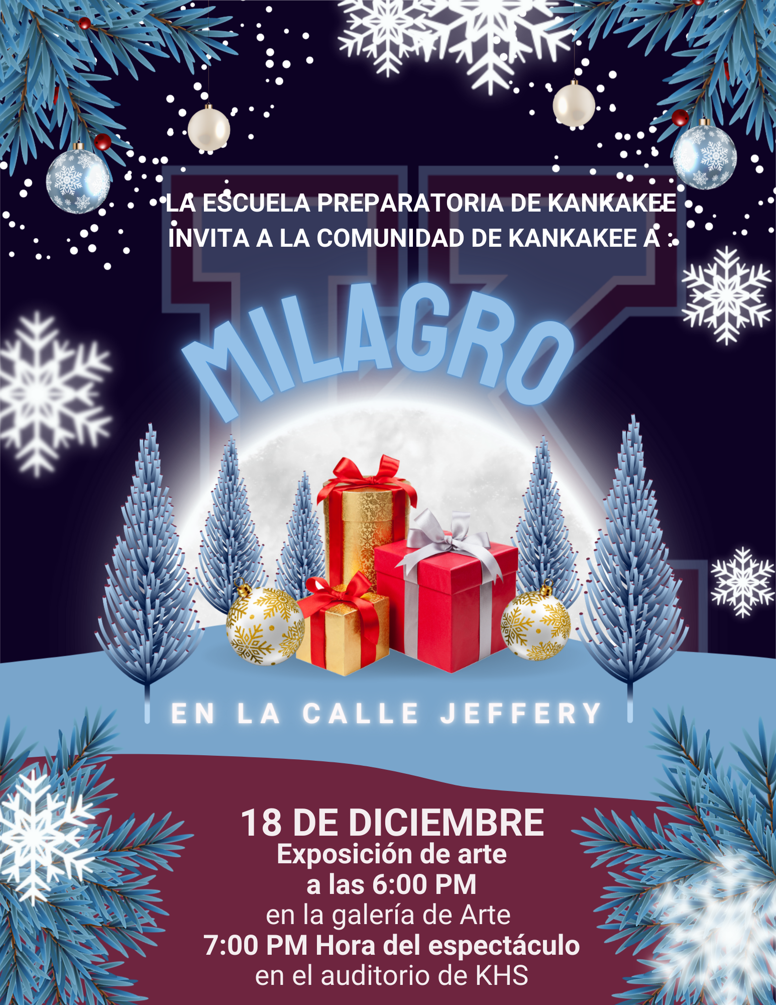 A festive poster announces a community event with the word 'Milagro' prominently displayed.