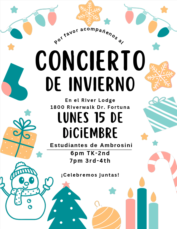 A festive poster announces a winter concert with holiday decorations.