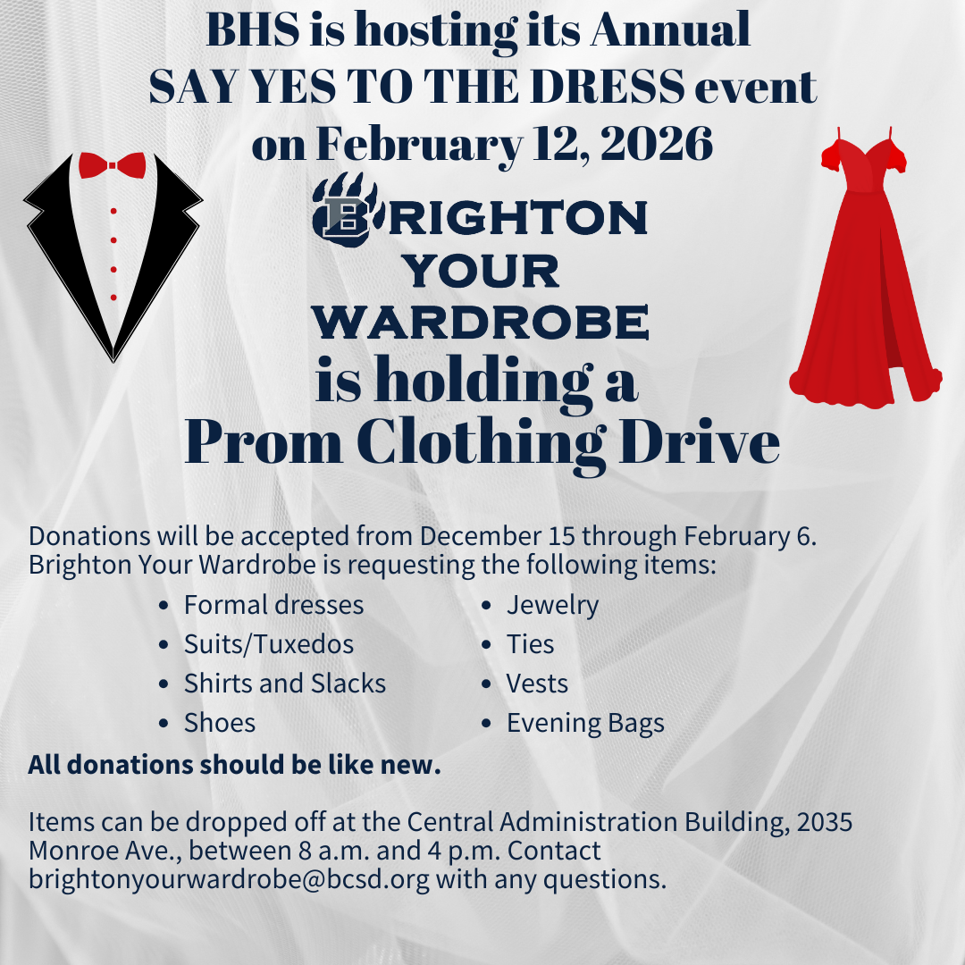 Prom clothing drive announcement with a tuxedo graphic and a red dress illustration.