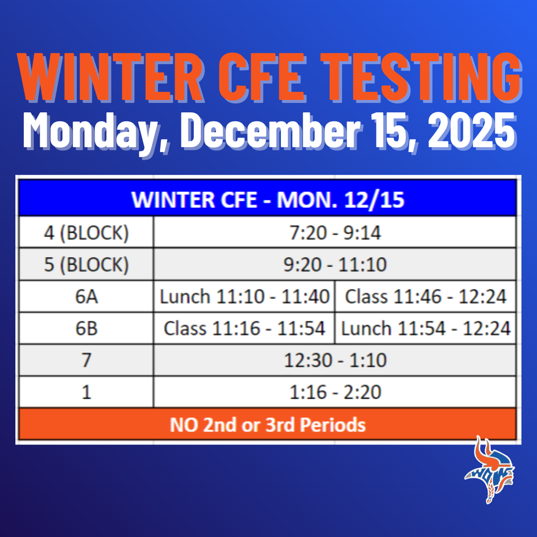 Schedule for Winter CFE Testing on Monday, December 15, 2025.