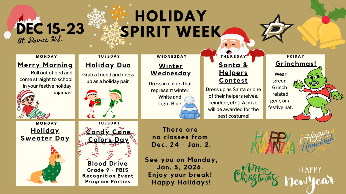 A school's Holiday Spirit Week schedule is displayed with daily themes and festive illustrations.