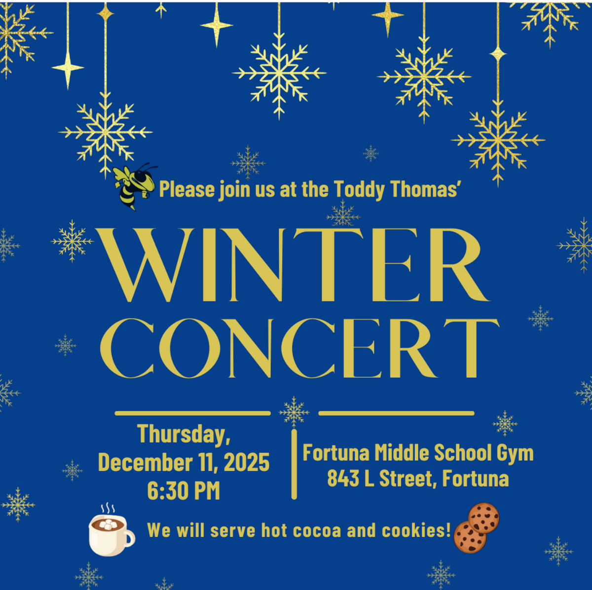 Winter concert announcement with snowflakes and gold text on a blue background.