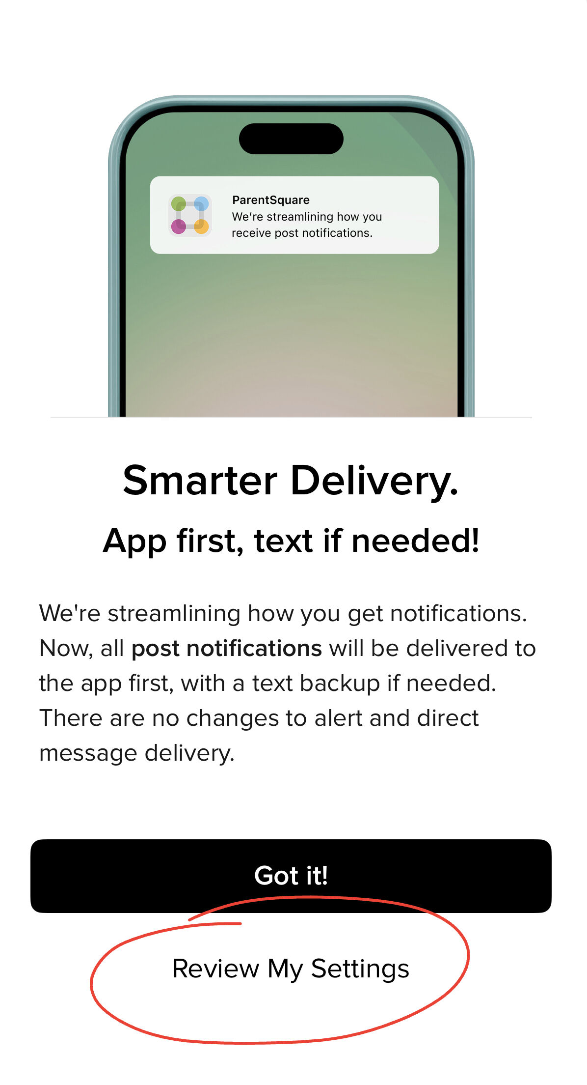 A smartphone displays a ParentSquare notification about streamlined notifications.