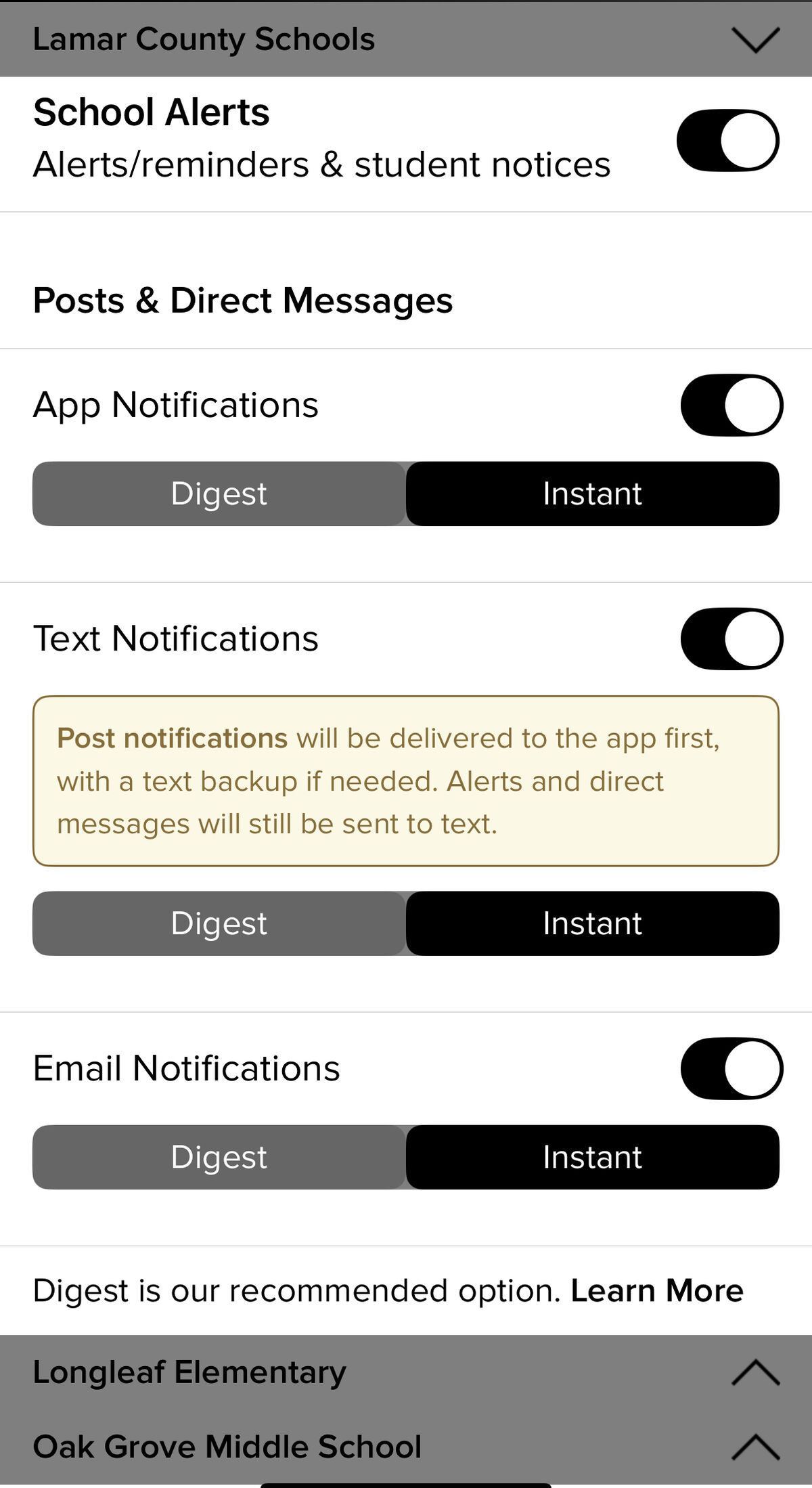 Screenshot of a mobile app settings screen for Lamar County Schools.