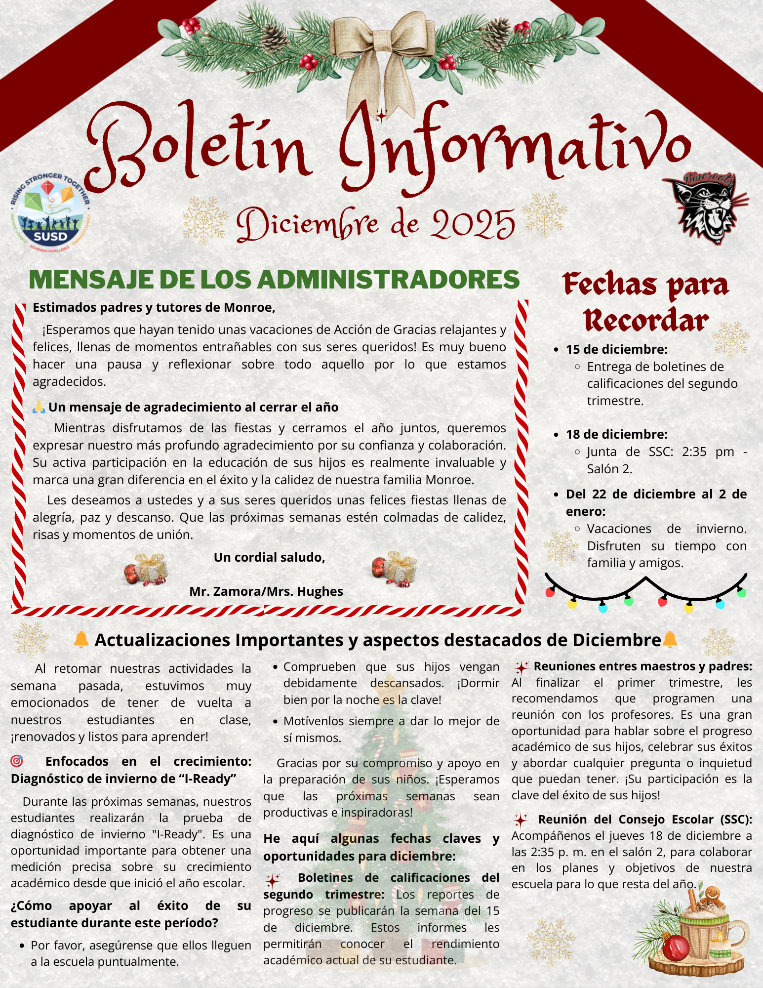 A school newsletter titled 'Boletín Informativo' for December 2025, with holiday decorations.