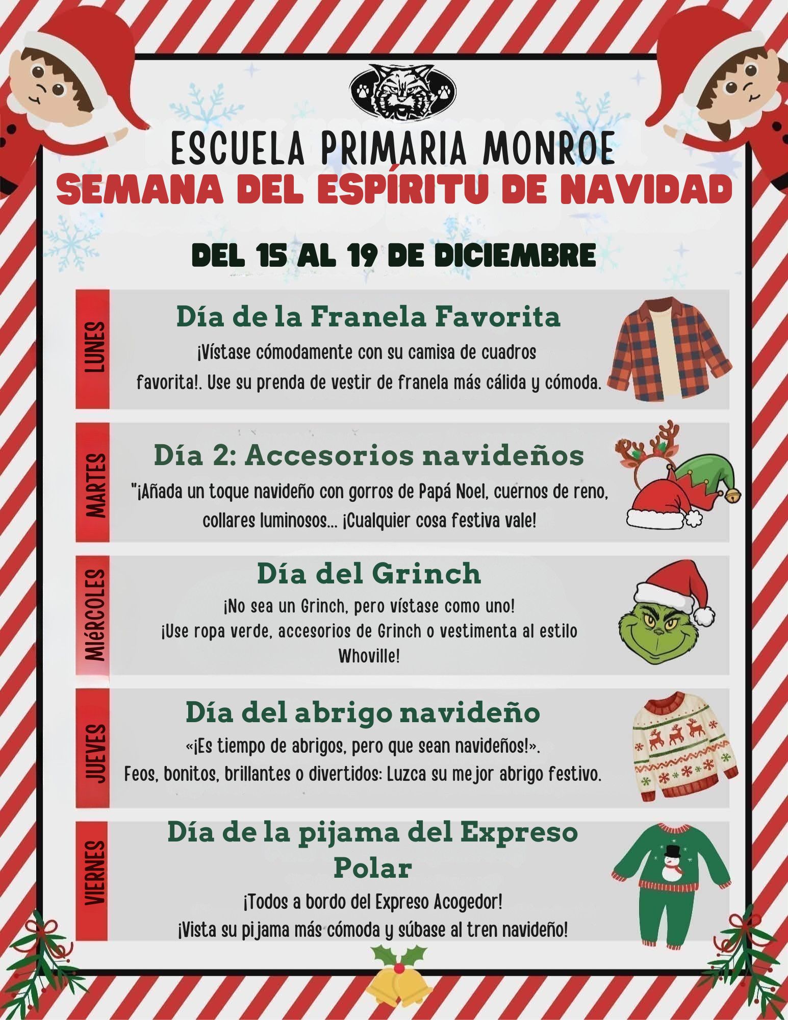 A school flyer announces a week of Christmas spirit activities from December 15-19.