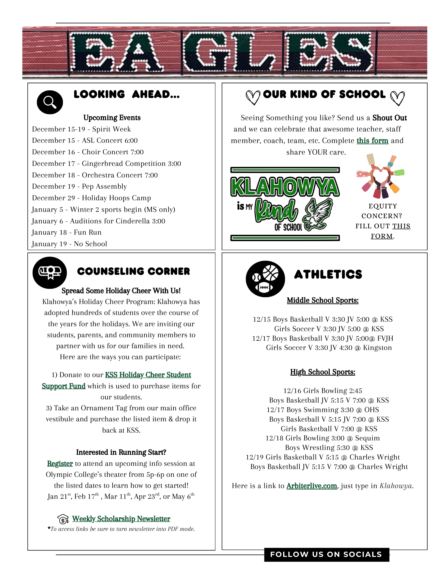 A school bulletin board displays upcoming events, counseling information, and athletic schedules.