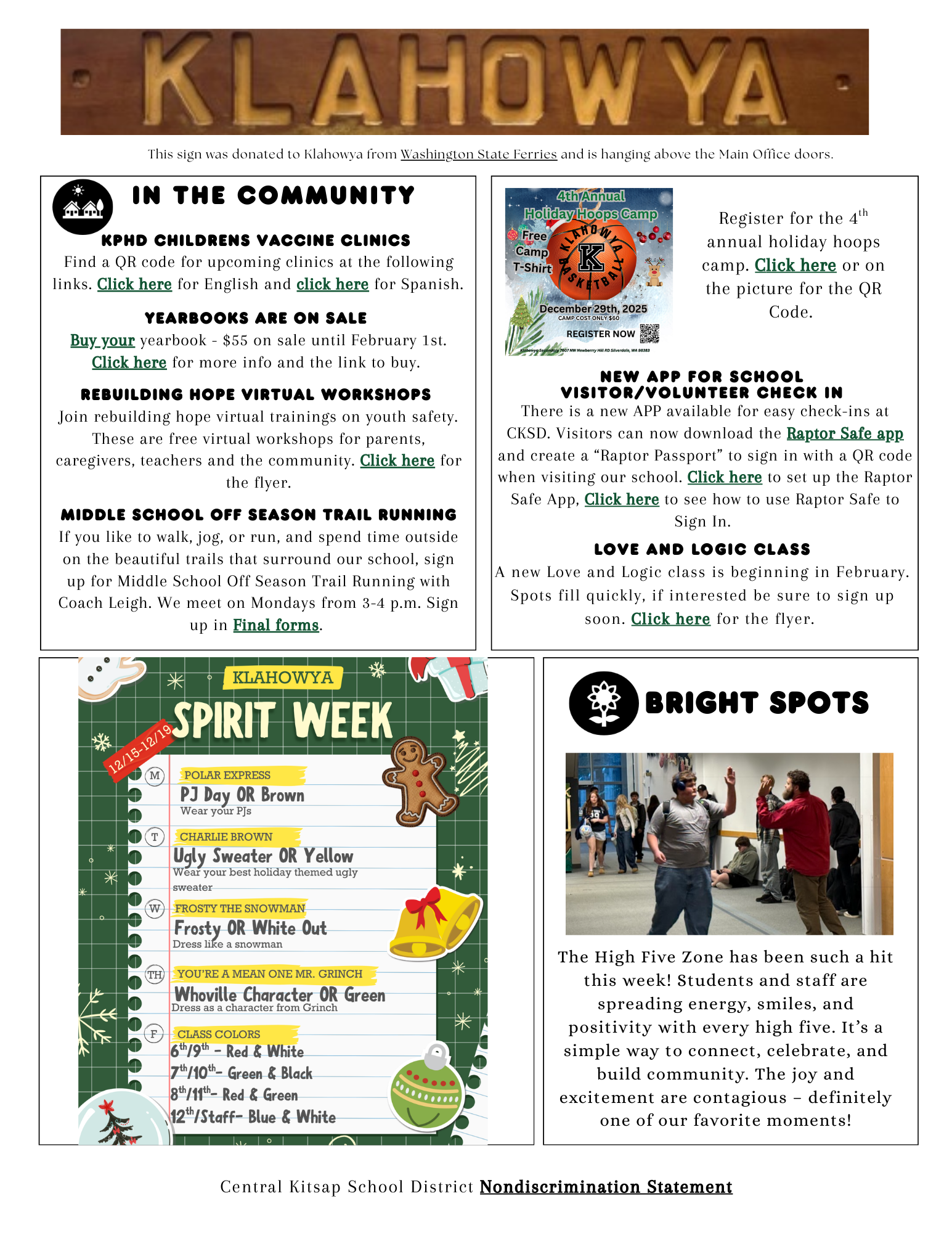 A school bulletin board displays announcements about community events and school activities.