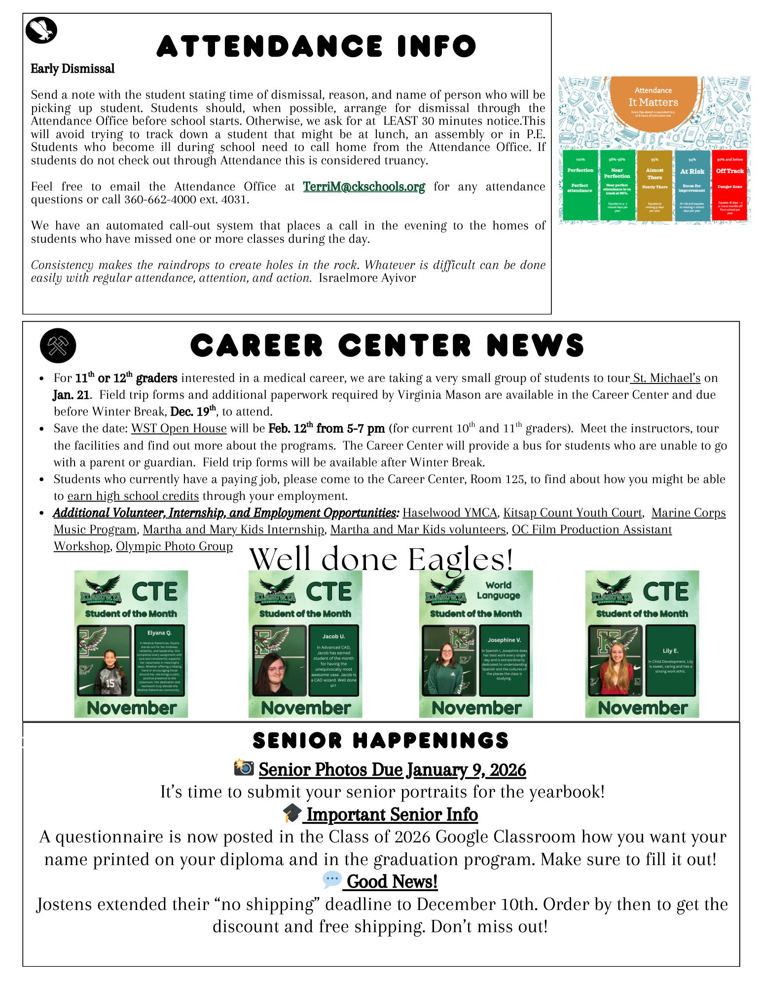 School bulletin board with announcements about attendance, career center, and senior happenings.