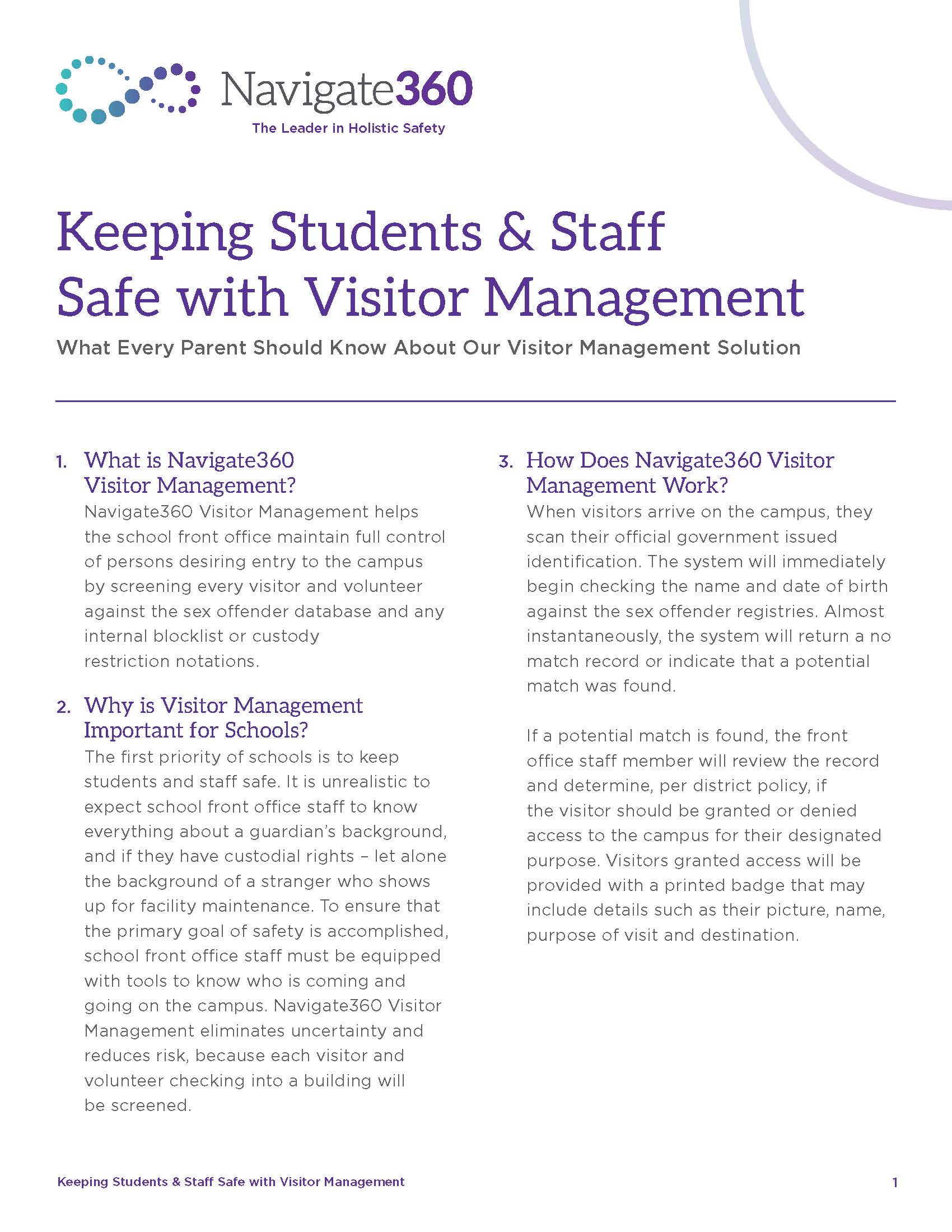 A document titled 'Keeping Students & Staff Safe with Visitor Management'.