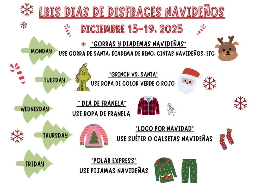 A festive calendar outlines daily Christmas costume themes from December 15-19, 2025.