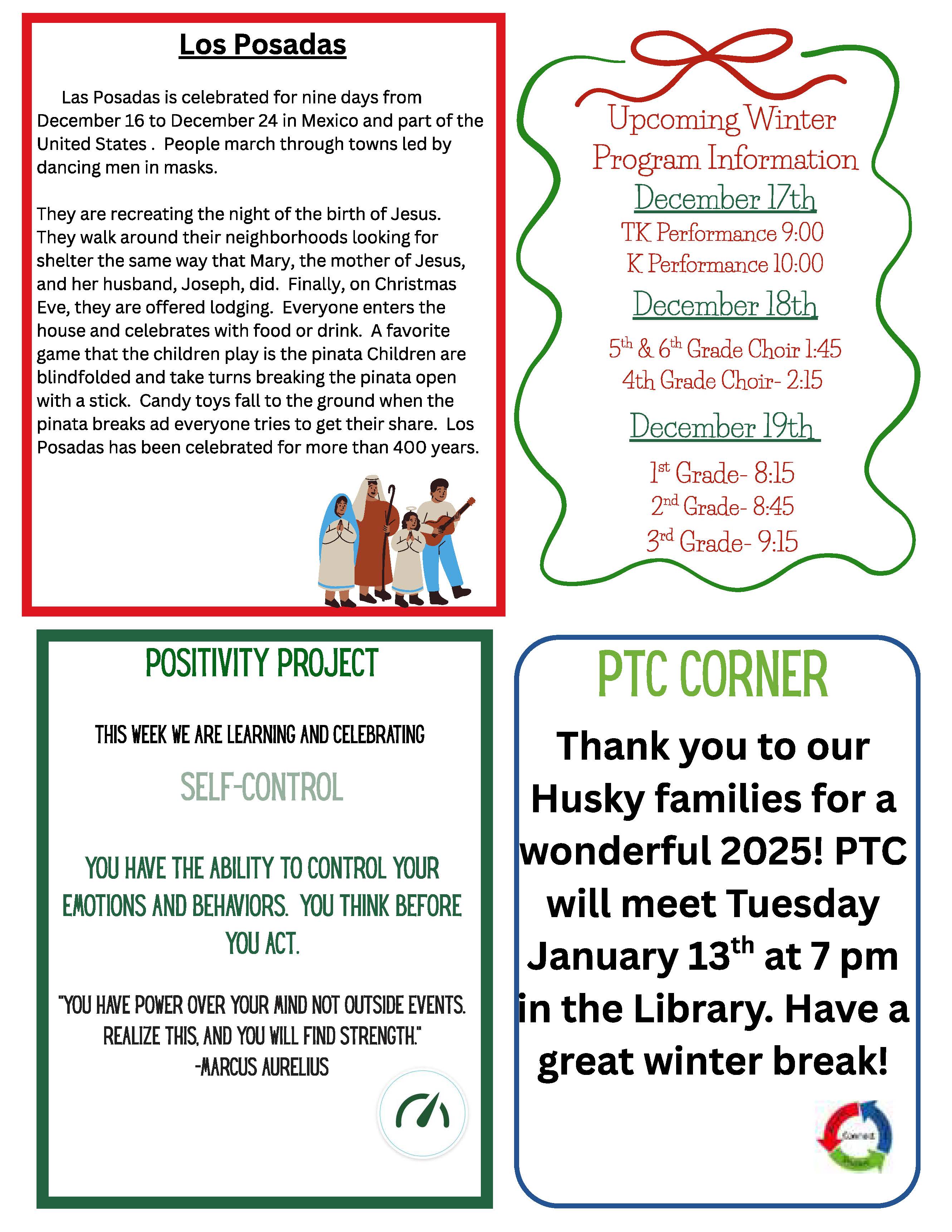 Information about Los Posadas, a nine-day celebration from December 16-24, including a description of the tradition and a depiction of Mary, Joseph, and a musician.