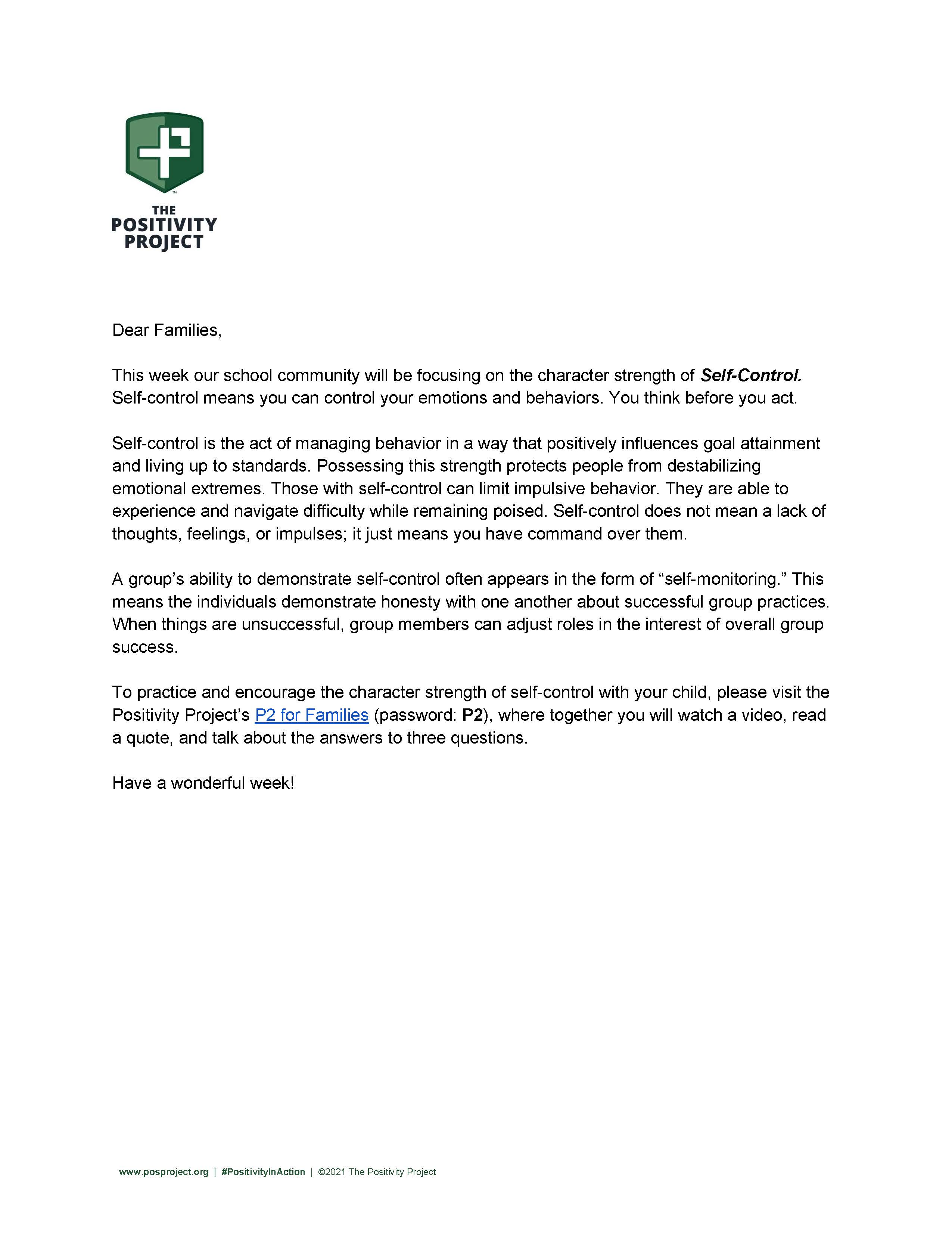 A document from The Positivity Project discusses the character strength of Self-Control.