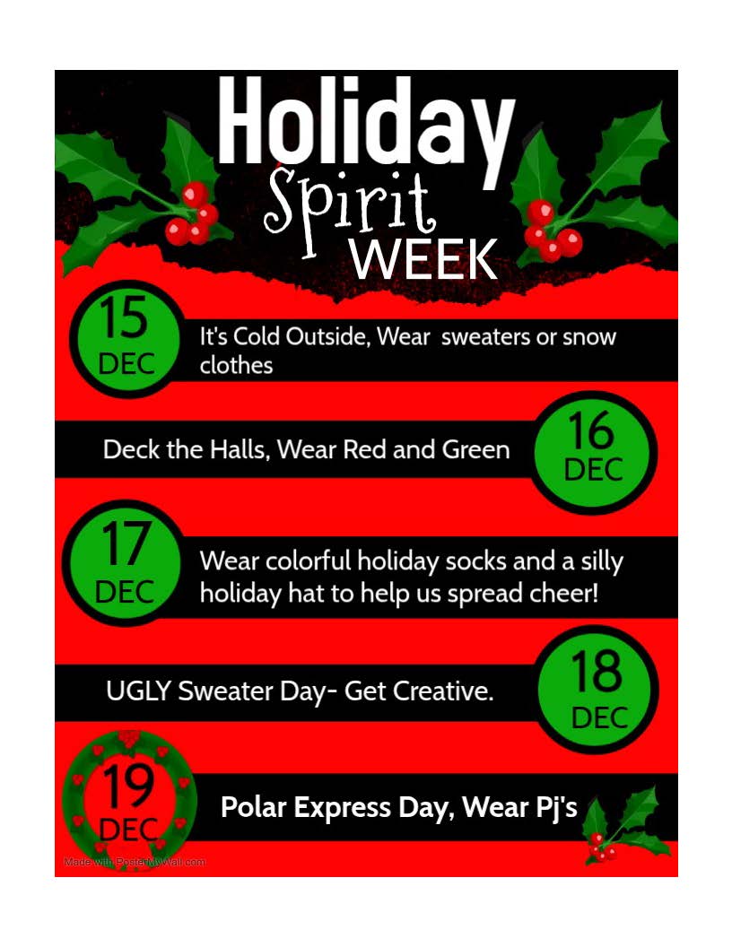 Holiday Spirit Week schedule with daily themes from December 15-19.