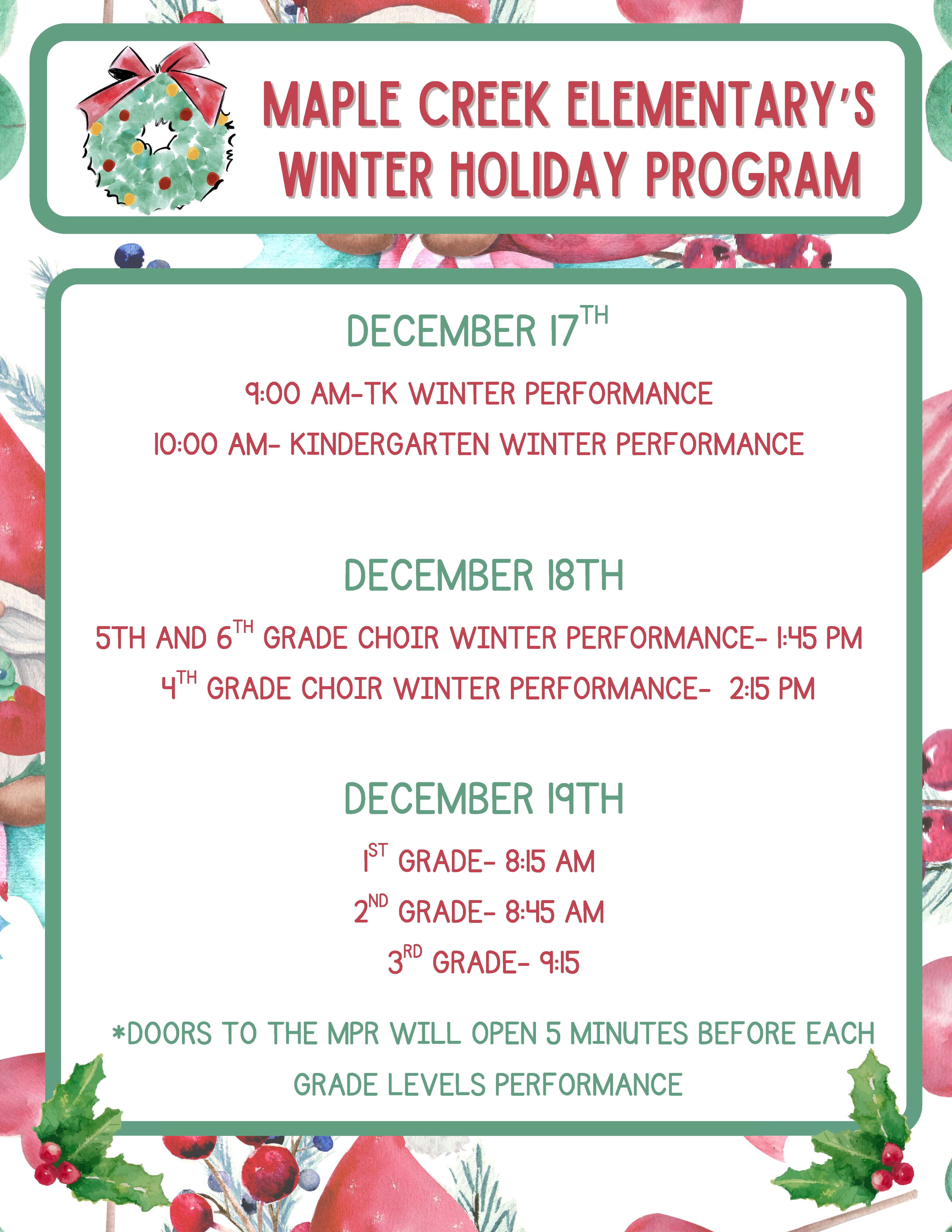 Maple Creek Elementary's Winter Holiday Program schedule with dates and times for various grade level performances.