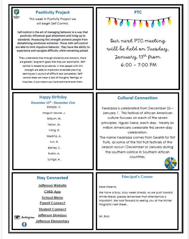 Newsletter with sections on Positivity Project, PTC meeting, birthdays, Cultural Connection, Stay Connected, and Principal's Corner.