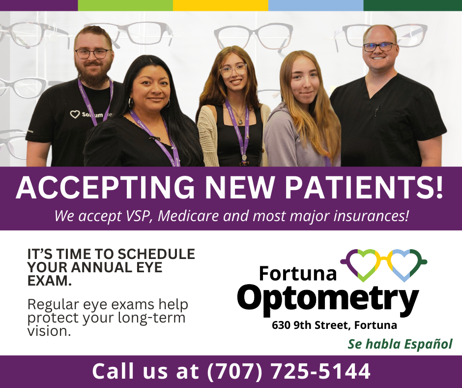 Five smiling optometry professionals stand together, advertising "Accepting New Patients!" at Fortuna Optometry.