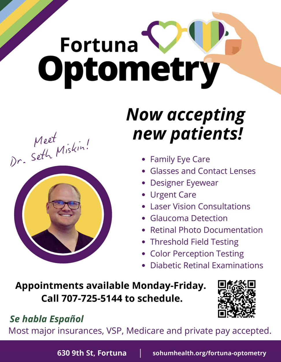 Fortuna Optometry advertisement featuring Dr. Seth Miskin and services offered.