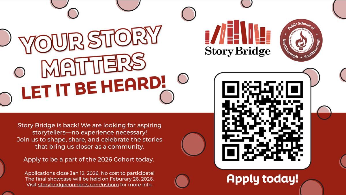 Poster for Story Bridge program with text 'YOUR STORY MATTERS LET IT BE HEARD!' and a QR code.