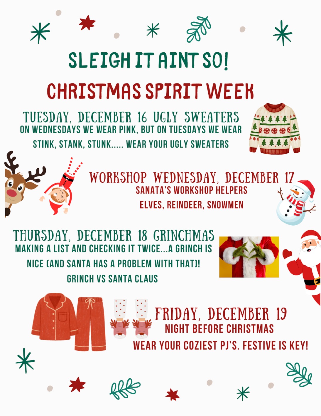 A flyer announces 'Christmas Spirit Week' with daily themes and dates from December 16-19.