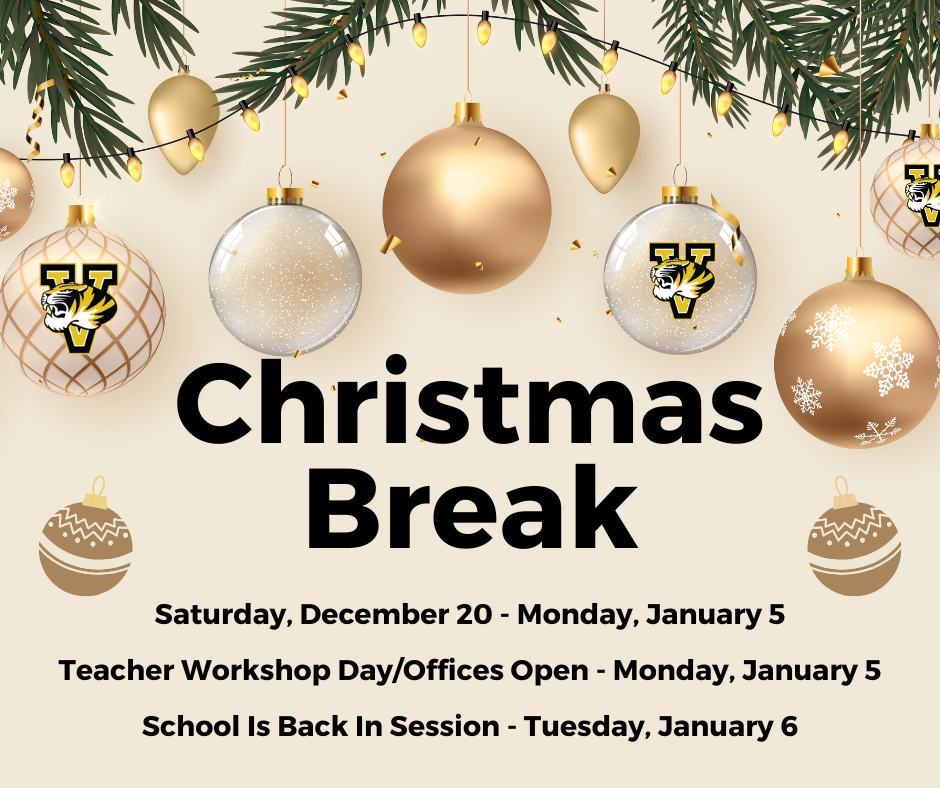 Holiday graphic announcing Christmas Break with dates and school reopening information.